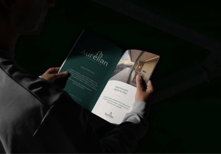 Luxury brand brochure mockup for Aurelian Properties, designed to communicate trust, sophistication, and premium property experiences.