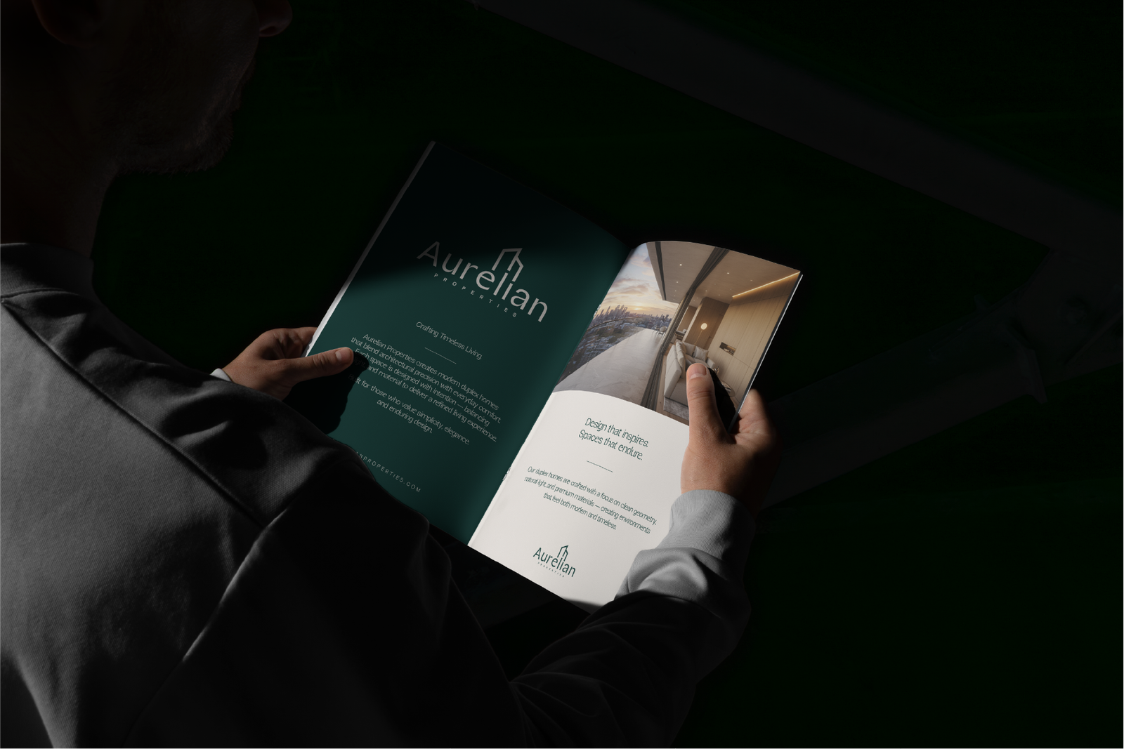 Luxury brand brochure mockup for Aurelian Properties, designed to communicate trust, sophistication, and premium property experiences.