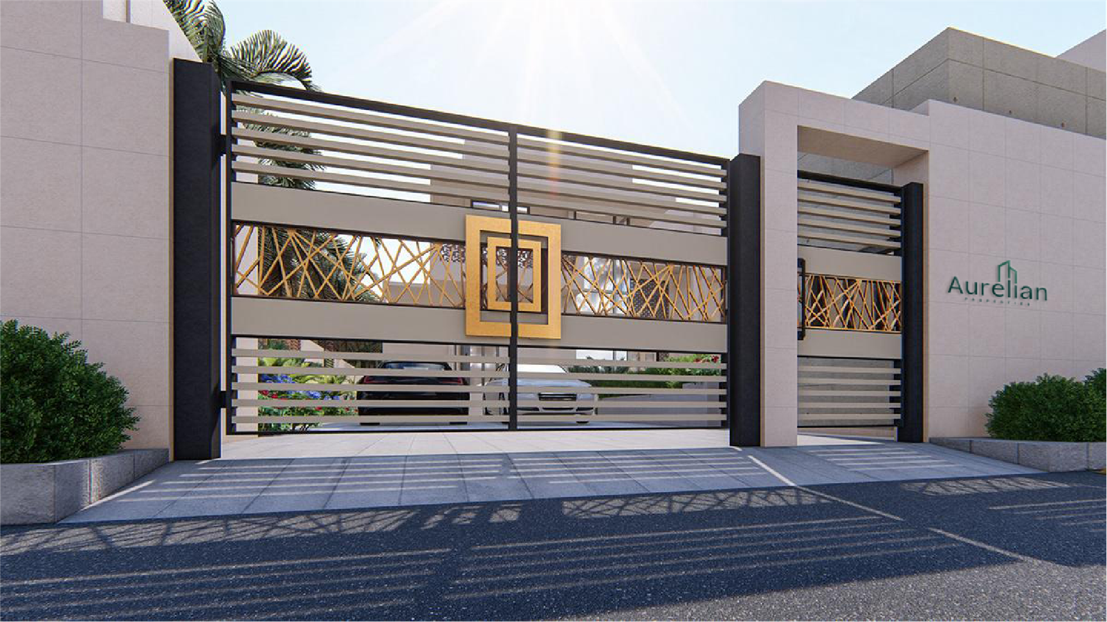 Branded entrance gate signage for Aurelian Properties showcasing luxury property branding, premium wayfinding, and elegant residential identity.