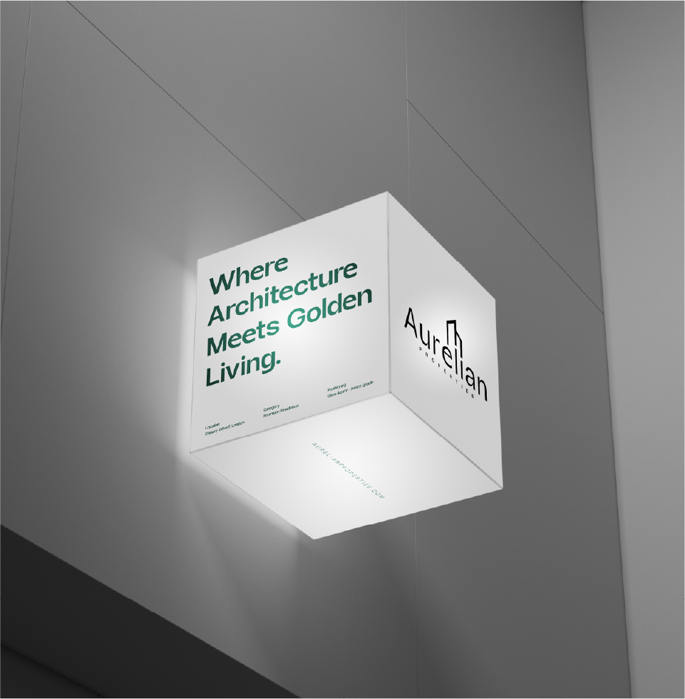 Aurelian Properties hanging box sign mockup showcasing luxury property branding, premium exterior signage, and elegant architectural identity.