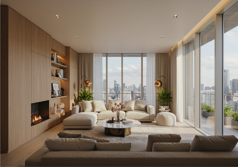 A refined living room at Aurelian Properties, where timeless interiors and panoramic city views create an exceptional luxury living experience.