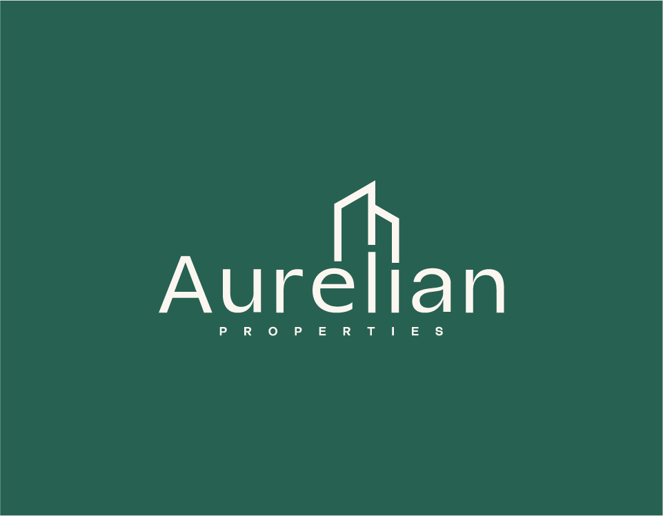 Aurelian Properties logo on a mid-green background showcasing premium property branding, timeless elegance, and luxury brand identity.