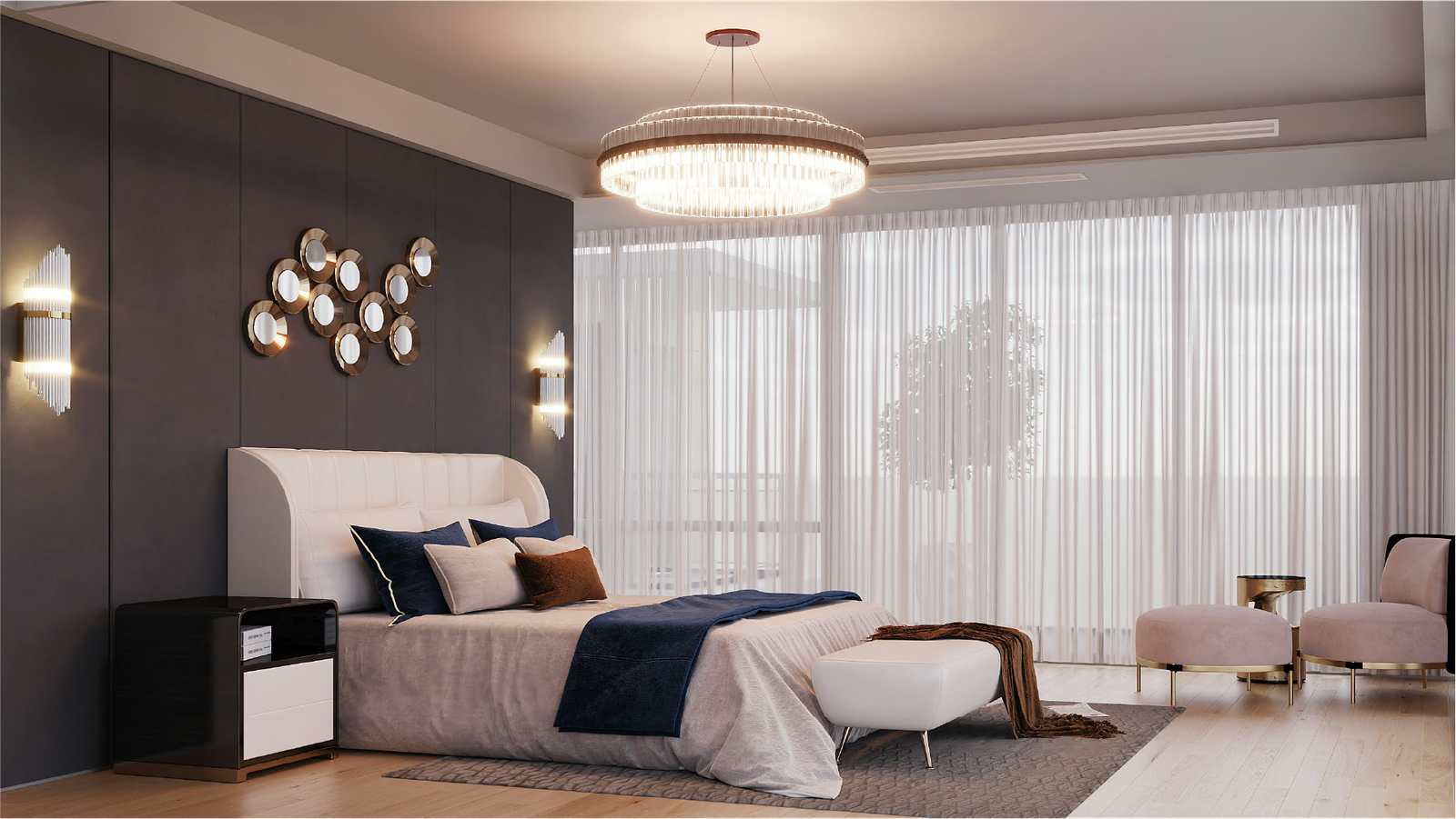 A luxurious bedroom at Aurelian Properties, where elegant chandeliers, refined interiors, and timeless design create an exceptional living experience.