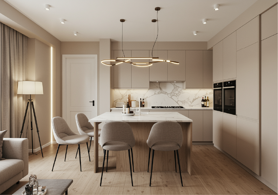 A sophisticated marble kitchen at Aurelian Properties, blending timeless design, refined finishes, and effortless luxury for modern living.
