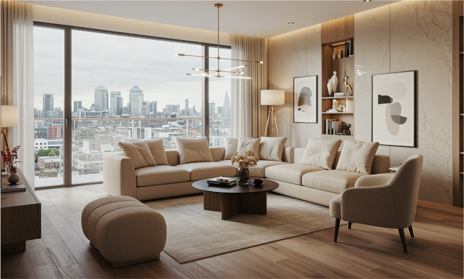 Elegant living space at Aurelian Properties, designed to capture luxury, comfort, and breathtaking views of the London skyline.