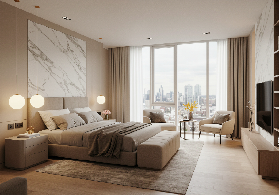 Luxury master bedroom at Aurelian Properties with panoramic city views, showcasing premium residential design and sophisticated urban living.