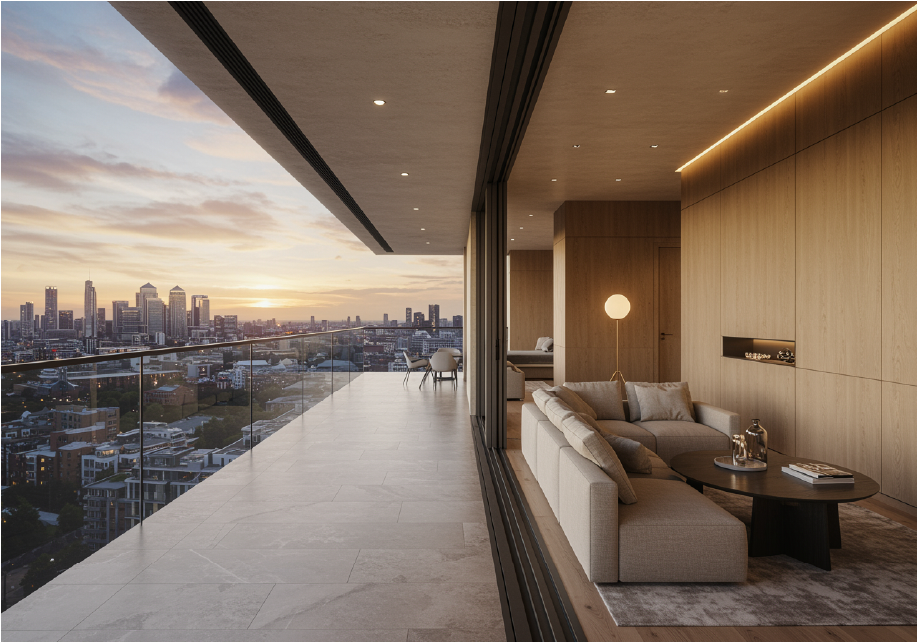 Luxury penthouse terrace at Aurelian Properties overlooking the London skyline, showcasing premium residential living and architectural excellence.