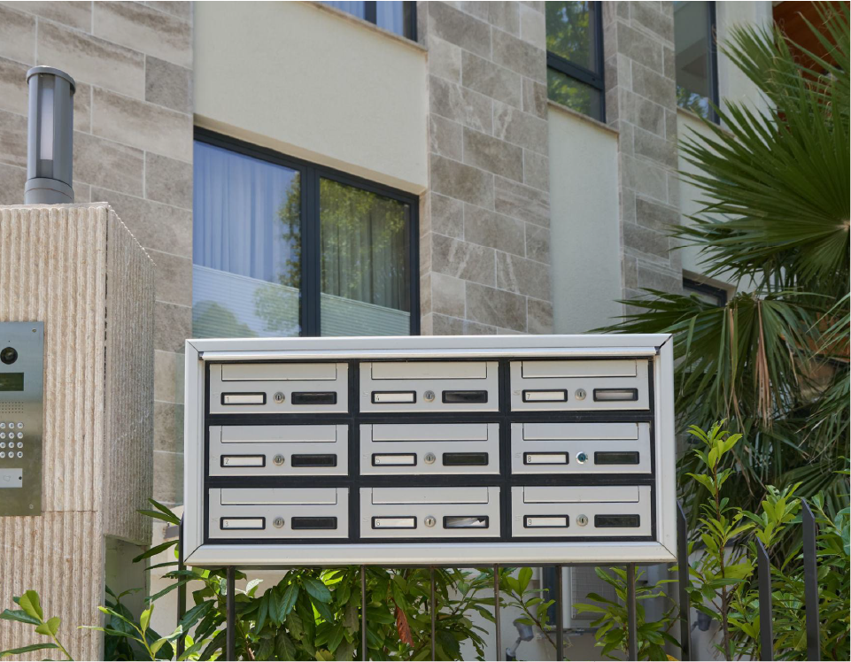 The residential mailbox entrance at Aurelian Properties reflects thoughtful design, refined craftsmanship, and a seamless luxury living experience.