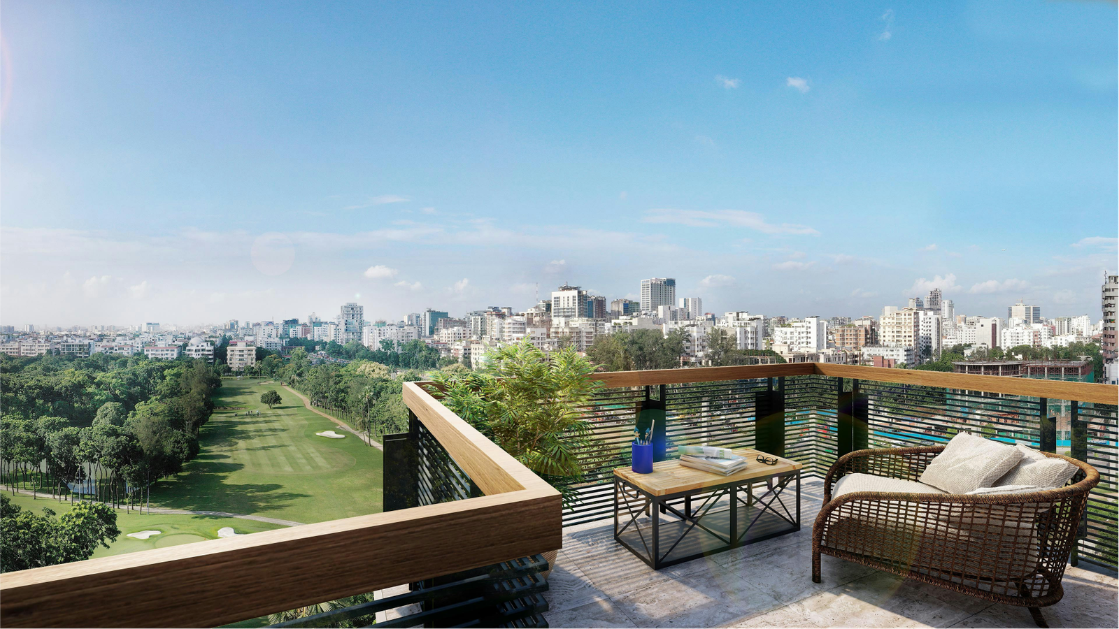 Aurelian Properties rooftop balcony overlooking the golf course, showcasing luxury outdoor living, premium residential design, and panoramic views.
