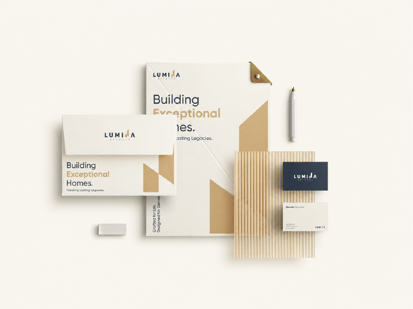 The Lumina Estates brand assets showcase a cohesive visual system designed to deliver a consistent, premium experience across every brand touchpoint.