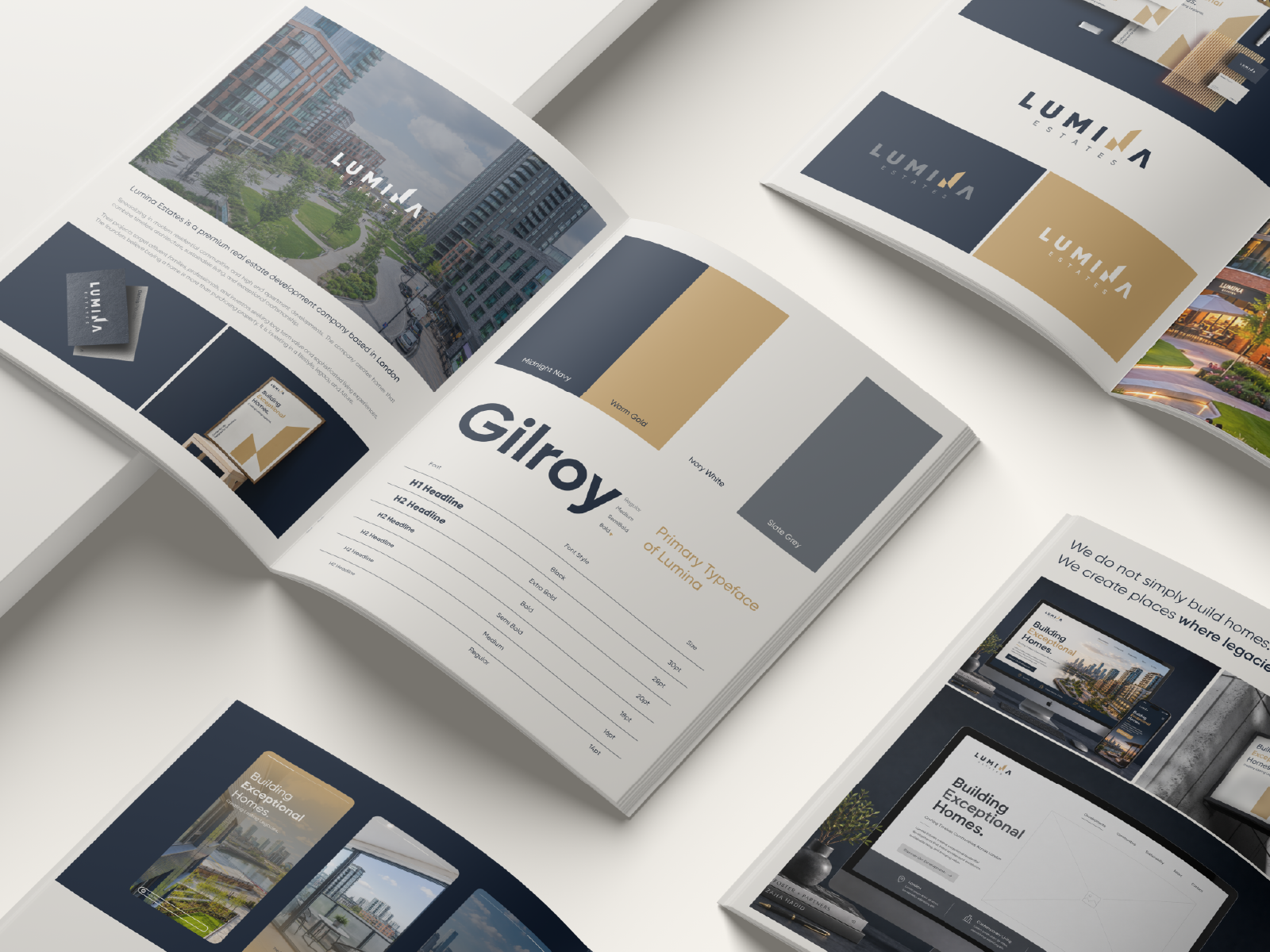 The Lumina Estates brand guidelines establish clear standards for using the visual identity consistently, ensuring a premium and recognizable brand experience.