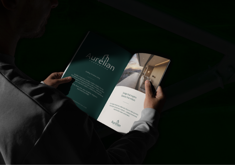 Luxury brand brochure mockup for Aurelian Properties, designed to communicate trust, sophistication, and premium property experiences.