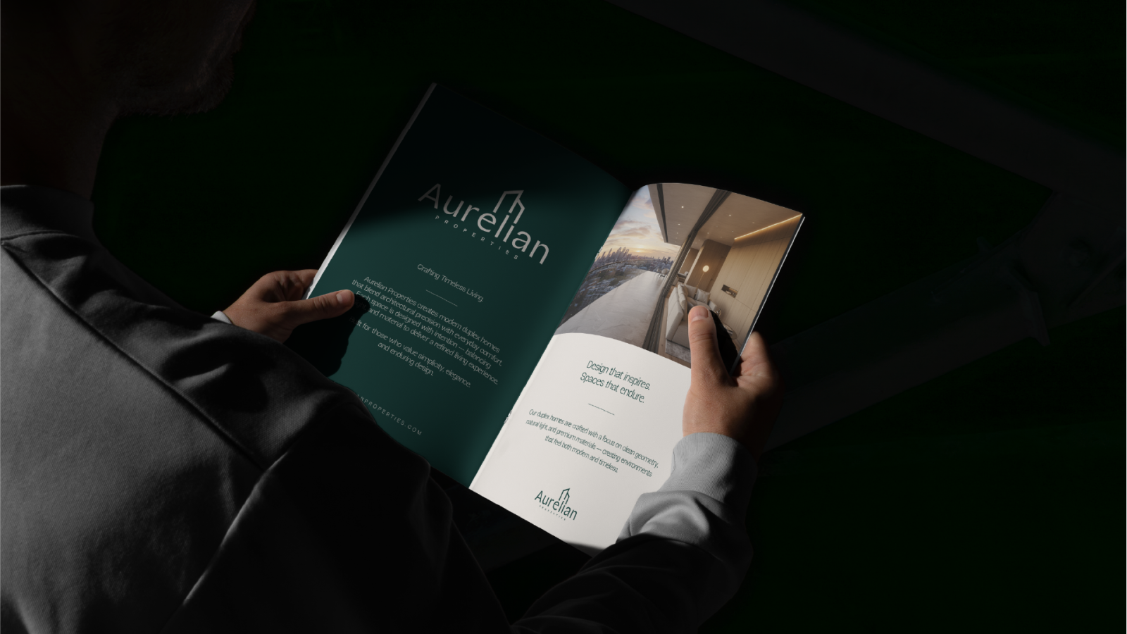 Luxury brand brochure mockup for Aurelian Properties, designed to communicate trust, sophistication, and premium property experiences.